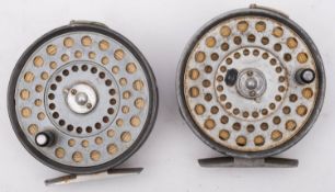 Two Hardy 'Princess' 3 inch fly reels; single ebonised handle, knurled tension screw to rim,