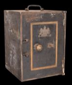 An early 20th century safe with key, fitted shelves to interior,