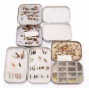 Two aluminium fly tins with steel eye flies both with manuscript note 'Flies tied by Rev W E