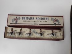 Britains Set 32 Royal Scots Greys (1958 version) comprising officer and four troopers holding