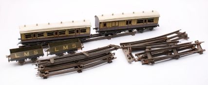 A pair of Bing O gauge LMS passenger coaches, comprising Third and Guard No.1921 and First No.