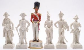 A group of five blanc de chine style military figures including Napoleon and one other figure
