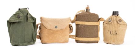 Three various water bottles and a canvas binocular case (4)