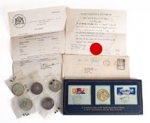 A set of five silver 1969 Moon Landing medals with certificates and cover commemorating the