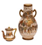 A Japanese satsuma two-handled vase, signed Fuzan and a similar miniature winepot and cover,