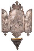 A French silvered metal holy water font in 15th century Gothic style, late 19th century,