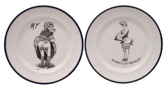 A pair of pottery 'saucy' plates, each transfer decorated with a bawdy female portrait,