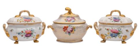 A pair of Derby sauce tureens and covers and a Coalport sauce tureen and cover the pair with gilt