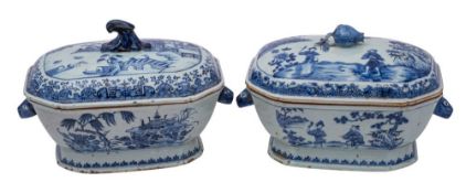 Two Chinese blue and white tureens and covers of octagonal form with animal mask handles,