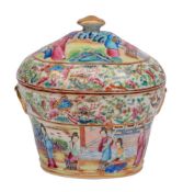 An unusual Canton butter dish and cover of bombe form,