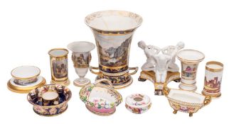 A mixed lot of 19th century English porcelain including four spill vases painted with an interior