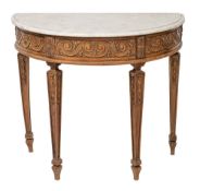 A Louis Philippe walnut and marble topped demi-lune console table,