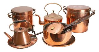 A collection of copper wares, includes;- kettles, bed warmer, saucepan, saucepan lids,