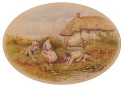 Myles Birket Foster (British, 1825-1899) children playing by a pond,