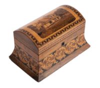 A Victorian walnut and Tunbridge ware tea caddy, third quarter 19th century,