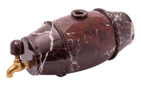 A Victorian red serpentine and brass mounted wine or spirit barrel, late 19th/early 20th century,