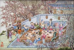 A fine Chinese famille rose rectangular plaque enamelled with a dining and literary gathering scene