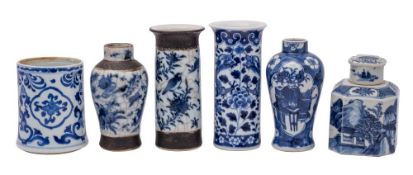 A group of five small Chinese blue and white vases together with a caddy and cover,