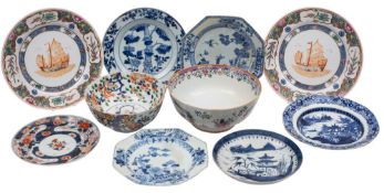 A mixed lot of Chinese porcelain including a famille verte bowl, a famille rose bowl,
