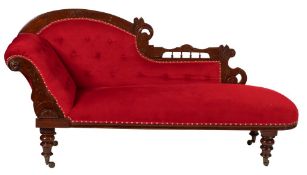 A Victorian mahogany and button red upholstered chaise longue,