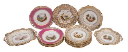 A group of Davenport porcelain dessert wares comprising a set of six plates painted with lake and