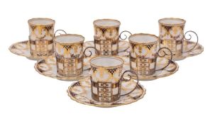 An Aynsley porcelain demi-tasse cooffee service, comprising six cans, with pierced silver mounts,