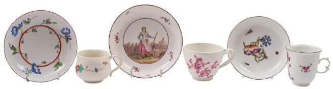 A group of 18th century Continental porcelain tea and coffee wares including a Naples saucer