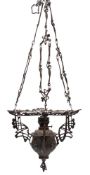 A cast and repousse worked metal rise and fall pendant oil lamp, in Art Nouveau taste,