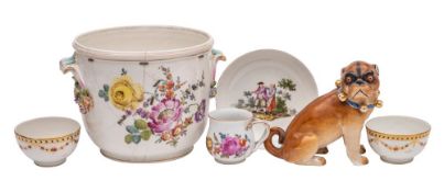 A mixed lot of Continental porcelain comprising a pair of Swiss Nyon tea bowls painted with a band