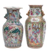 A Canton baluster vase and one similar with pleated rim,