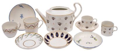 A group of Pinxton porcelain wares including a silver-shape teapot [lacking cover] with two