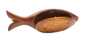 A carved softwood and penwork snuff or pin box modelled as a fish, 19th century,