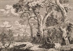 After Marco Ricci (Italian, 1676-1730) Landscape with two monks,