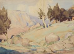 *William Heaton Cooper (British, 1903-1985) View of a mountainous landscape with trees and boulders,