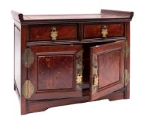 A Chinese burwood table cabinet with two upper drawers and three below enclosed by panelled drawers,