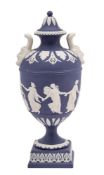A Wedgwood dark blue jasper ware vase and cover,