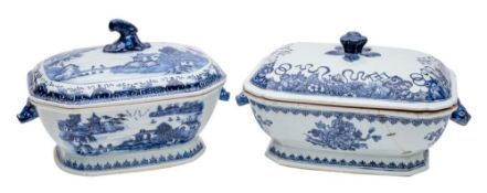 Two Chinese blue and white octagonal tureens and covers with foliate finials and animal mask head
