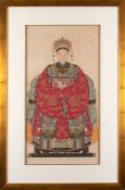 A pair of large Chinese ancestor portraits of a civil official and his wife wearing formal dragon