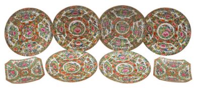 A set of six Canton plates and a pair of square-section dishes, late Qing Dynasty 21.5 and 15.