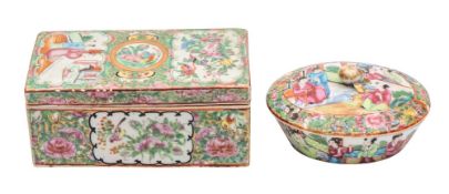 A Canton rectangular box and cover and an oval sucrier and cover, Qing Dynasty the box 18 x 9.