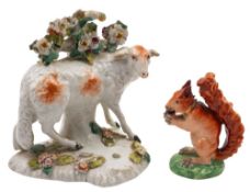 A Derby figure of a ram and a similar model of a red squirrel the ram on mound base with tree stump