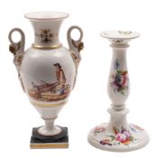 An early 19th century English porcelain baluster vase and a similar candlestick the vase with swan
