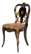 A Victorian black lacquered and parcel gilt side chair,