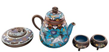 A group of four items of Japanese enamel comprising a small champleve decorated censer and cover,