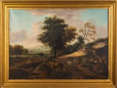 Follower of Alexander Nasmyth (British, 1758-1840) An extensive landscape, wagon,