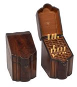A pair of George III mahogany knife boxes, circa 1790; with hinged, sloping covers,