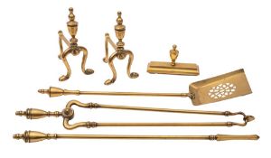 A set of three George III brass fire tools, circa 1800; comprising shovel, poker and tongs,