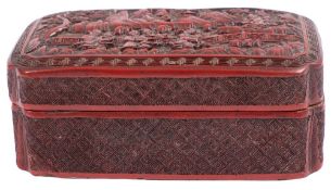 A Chinese cinnabar lacquer box and cover of shaped rectangular form the cover carved with scholars