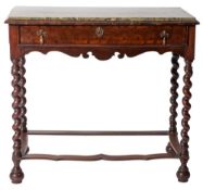 A Queen Anne or George I walnut, laburnum and Connemara marble topped side table,
