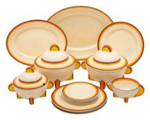 A Clarice Cliff Bizarre part dinner service in the Odilon shape painted with yellow,
